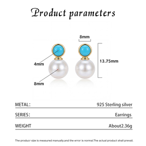 S925 <b>Silver</b> 18K Gold Plated Turquoise Pearl Drop Earrings Elegant Gemstone Dangle <b>Stud</b> Earrings Jewelry Gift for Women Girls - Product Image 5