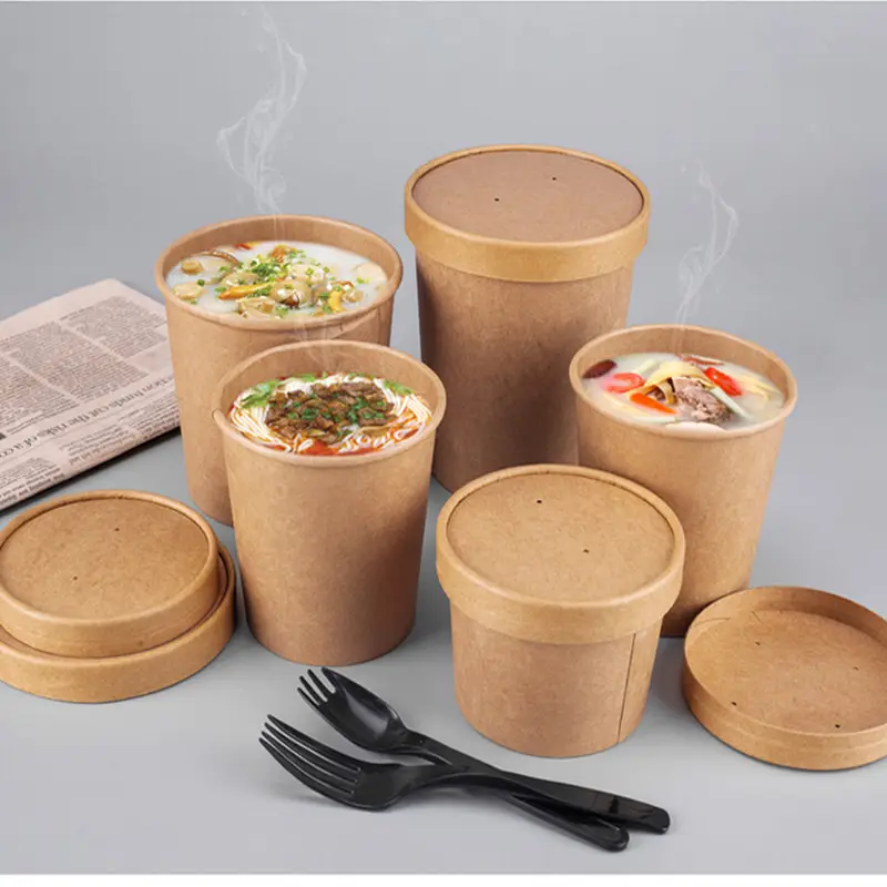 Custom Disposable Kraft Paper waterproof Salad bowls food packing box Disposable Container Noodle Cup Kraft Custom Printed Pape