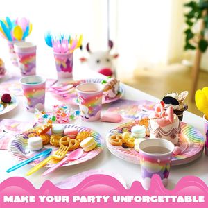 Fournitures de fête d'anniversaire rose licorne DAMAI avec bannière pour filles, ensemble de vaisselle jetable avec assiettes, gobelets, serviettes et couverts pour enfants - Product Image 3