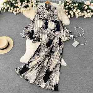 Ensemble chemise décontracté et polyvalent à imprimé léopard INS avec manches lanternes ensemble robe large plissée taille haute - Product Image 4