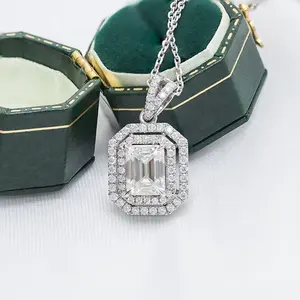 925 esterlina prata passagem diamante teste vvs moissanite, pingente de colar 7x9mm 3ct esmeralda corte moissanite halo pingente