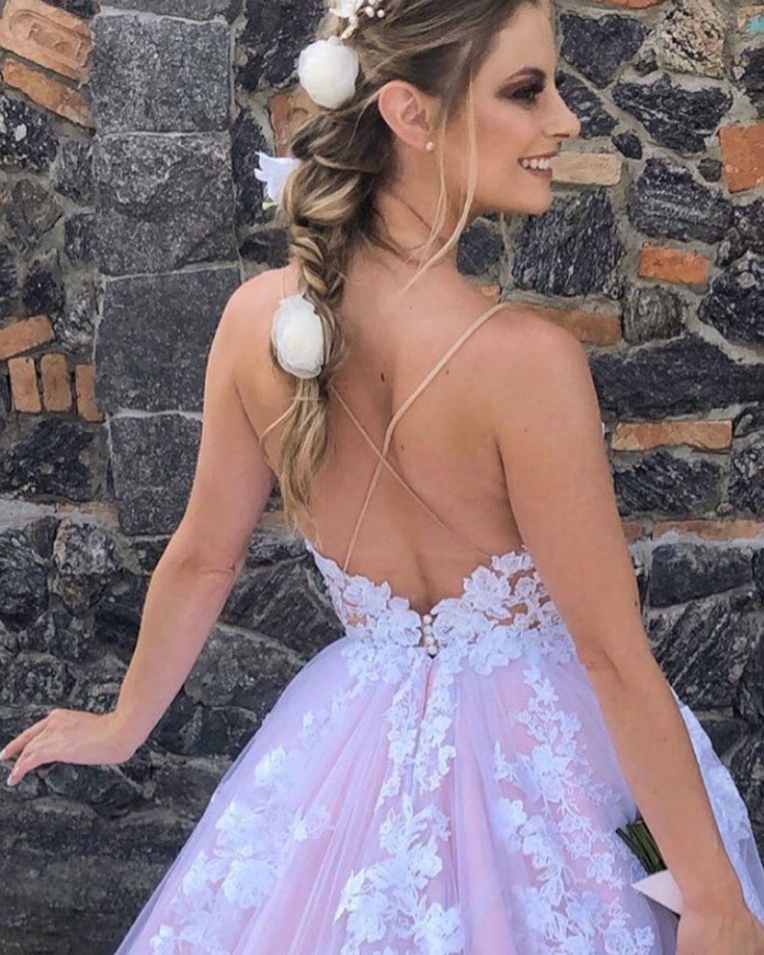 open lace back dress Long A-line Tulle Lace Backless Prom Dress with Slit Pink Formal Evening  Gowns – Anna PromDress main image 0