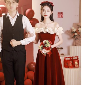 Off-the-shoulder Red Engagement Dress Mid-length Strapless Natural Waistline Contrast Color Wedding Evening Gown - Product Image 4