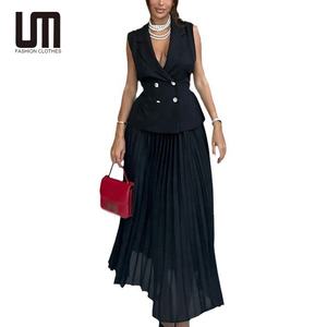 Yaz İndirimleri Yeni Stil Moda Kadın 2 Parça V Yaka Yelek Bluz Pilili Etek Günlük Takım - Product Image 1