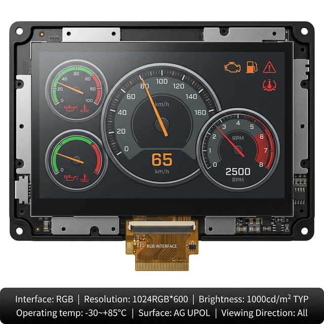 7 Inch 1024x600 IPS TFT LCD RGB 1000cd/m Sunlight Readable -30~85 Wide Temp AG Embedded TMK Engineering Vehicle HMI LED