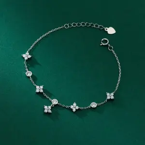 1 Hot Selling S925 Sterling Silver Delicate 4 Leaf Flower CZ Fresh 925 Sterling Silver Chain Link Bracelet Women Girl S5798