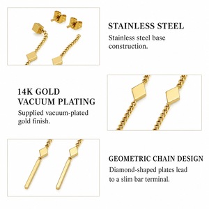 Pendientes Largos Geométricos de Cadena y Barra, Acero Inoxidable, Chapado al Vacío en Oro de 14K, Colores Oro y Plata - Product Image 3