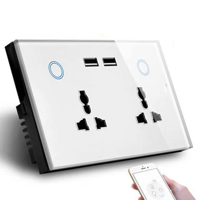 Smart Home Household 86*146 Electrical Double 2 USB Wireless Tuya APP Wifi UK BS Smart Socket with Touch Switch