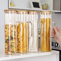 Bocal de Rangement de Cuisine Moderne et Créatif en Verre Borosilicate Fait à la Main pour Spaghetti, Nouilles et Pâtes de 1,5 Litre avec Couvercle et Poignée en Bambou