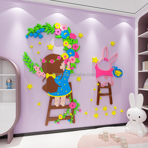 Cartone animato adesivo da parete ragazza e coniglio acrilico adesivo da parete 3D camera dei bambini scuola scuola scuola asilo carta da parati - Product Image 1