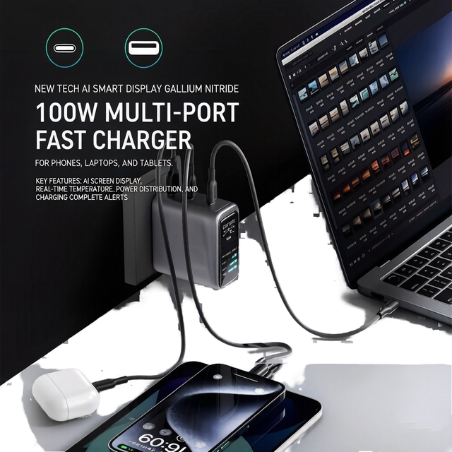 Trending Certificate Multifunctional Display with AI Power Multi-Port Fast Charging Station for Phone for Laptop 100W GaN 45W
