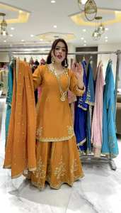 Nouvelle collection : Ensemble 3 pièces élégant pour femme Zain Exports – Kurti, Dupatta et Plazzo en soie romaine brodée avec sequins, réversible, décontracté et polyvalent. - Product Image 5