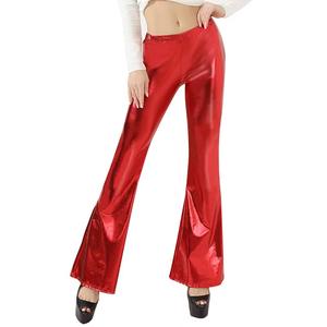 Pantalones de campana medios lisos sexis para mujer, mallas elásticas brillantes para discotecas, discotecas, pantalones acampanados informales de talla grande para verano - Product Image 4