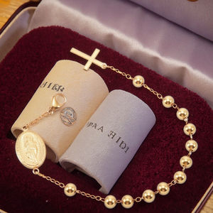 Bracciale Religioso con Perline Placcato Oro 18K in Acciaio Inossidabile con Ciondolo Croce e Vergine Maria Catena a Rosario per Donna - Product Image 1