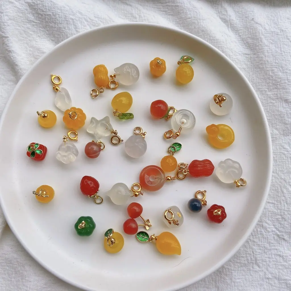Natural Gemstone Fruits Charms Agate Crystal Carving Peach Strawberry Apple  Pendant Charm Fruit Ball Bead for DIY Jewelry Making