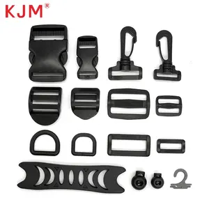 KJM Buckle Manufacturer Free Sample 1 Inch Black Pom Recycled Plastic Side Release Buckle Adjustable Tri-glide Slide And D Ring