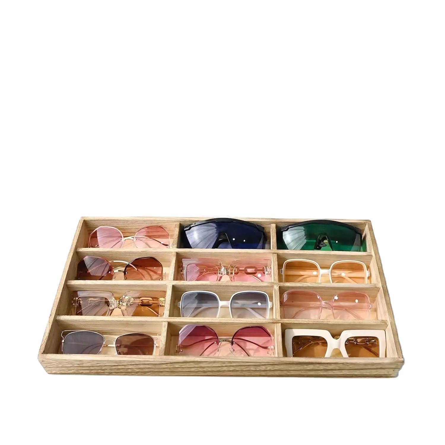 صندوق خشبي مفتوح علوي لحفظ النظارات الصينية وصندوق عرض صغير للملابس الشمسية به 12 حجرة
