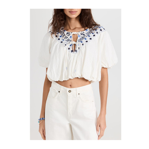 Sweet Bubble Hem Embroidered <strong>White</strong> Cotton Crop <strong>Top</strong> <strong>Boho</strong> Women Resort Wear - Product Image 2
