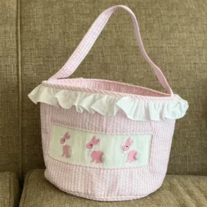 Venta al por mayor Gingham Wave Point Candy Pink Blue Canvas Bunny Gift Kids Buckets Nuevas cestas de Pascua