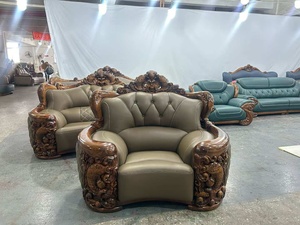 Traditional Leather <b>Sofa</b> with Carved <b>Wood</b> Frame Tufted Back and Curved Arms for Living Room - Product Image 3