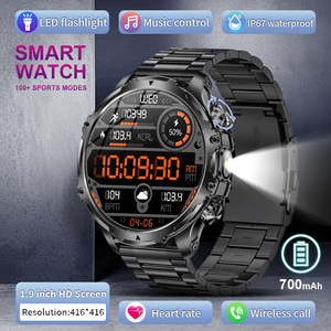 Montre connectée robuste BWAK75 (2 bracelets) de 1,9 pouce pour hommes avec lampe torche, fonction d'appel, étanche, tracker d'activité physique, compatible iOS et Android - Product Image 1