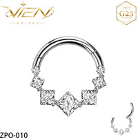 VIEN Jewellery ZPO-010 Anneau de nez articulé en titane G23 avec 5 zircons cubiques carrés sertis clos, bijoux de corps de mariage