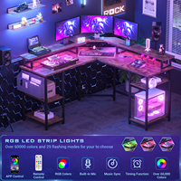 Moderne draagbare gaming pc-tafel, L-vormig, metalen computertafel met stopcontacten, LED-strip, boekenplank, opbergruimte, ruimtebesparend voor thuiskantoor