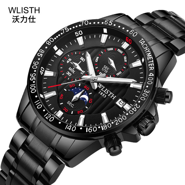 Wlisth S958 Black Big Dial Stainless Steel Band Luxury Unique Design Fashion Business Genuine Leather Strap Men Wrist Watches
