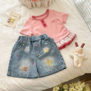 TongXingYuan Girls Summer Cotton Two Piece Set Pink Top With Lace Denim Shorts For Toddlers - Product Image 2