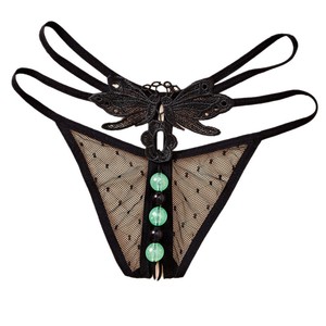 Women's <b>Sexy</b> Luminous Pearl <b>Thong</b> Black Mesh Lace Insertable Club Underwear - Product Image 5