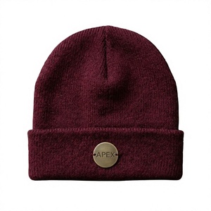 Men's Burgundy Beanie Hat Knit Cuffed <b>Winter</b> <b>Cap</b> Metal Badge Streetwear Unisex Custom Logo Wholesale Fashion - Product Image 1