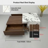 Ensemble de tables basses carrées modernes avec plateau en marbre, armoires en bois et dessus de table coulissants doubles