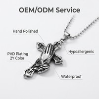 Collier pendentif croix vintage en acier inoxydable avec chaîne à maillons mains en prière pour cadeau d'anniversaire