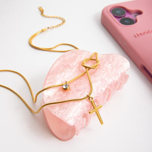 Colgante de Cruz de acero inoxidable en <span class=keywords><strong>tono</strong></span> dorado de 18 quilates, collar de cadena de eslabones de doble capa Vintage de moda de circón blanco, geométrico silencioso - Product Image 5