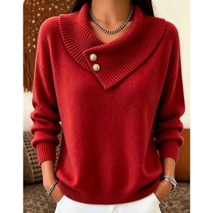 Nuovo Maglione da Donna Autunno 2026 Verde con Collo Asimmetrico a Costine e Bottoni, Maniche Lunghe, Comodo e Casual Chic per Stratificare - Product Image 5