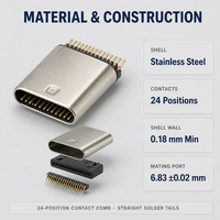 Connecteur mâle USB Type C 24 broches à souder verticalement avec coque en acier inoxydable pour l'assemblage de câbles de charge