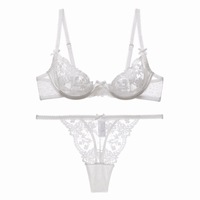BRA Gaya Prancis Berenda dengan Aksen Hollow Out, Lingerie Berkawat Ultra Tipis, Kontrol Ringan, Set Bra dan Tanga Tipis untuk Musim Panas, Dilengkapi Pad, Bahan Bernapas