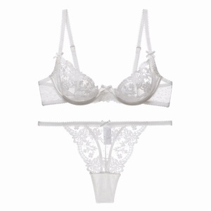 Ensemble soutien-gorge et <span class=keywords><strong>tanga</strong></span> en dentelle style français, ultra fin, à armatures, avec maintien léger, respirant, pour l'été, avec coussinets - Product Image 3