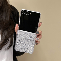 Étui de téléphone chic et élégant en paillettes argentées brillantes pour Samsung Galaxy Z Fold 7-4, avec sangle en perles et nœud en cristal pour Z Flip 7-3