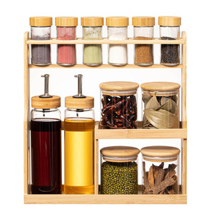 Scaffale da cucina a 3 livelli <span class=keywords><strong>con</strong></span> coperchi <span class=keywords><strong>in</strong></span> bambù e contenitori <span class=keywords><strong>in</strong></span> <span class=keywords><strong>vetro</strong></span>, porta spezie <span class=keywords><strong>con</strong></span> 6 barattoli dosatori - Product Image 2