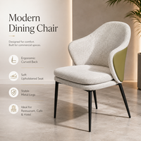 Moderne Bouclé stoffen eetkamerstoel met omhullende rugleuning, olijfgroene accentpaneel, metalen poten, geschikt voor restaurant, hotel, café.