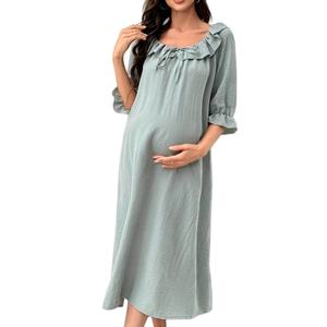 Robes de nuit amples de maternité avec col à volants et nœud sur le devant, pyjamas en coton, robe de nuit de maternité pour femmes - Product Image 1