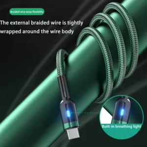 Green 1.2m Smart USB Type C Cord Power Off Fast Charging Data Cable With Light Assembly Protection For Electronic Devices