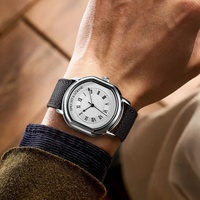 Jam Tangan Quartz Vintage Oval Mewah Sport 2025 Baru untuk Pria Warna Abu-abu Tali Kulit Asli Kristal Safir Tahan Air 50M