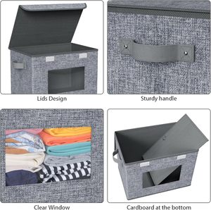 Modern Fabric <b>Storage</b> <b>Bins</b> with <b>Lids</b> Stackable 4 Pack for Clothes Grey Linen - Product Image 4