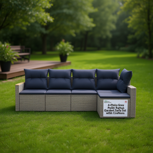 Juego de sofás de jardín de ratán sintético gris de 4 piezas con cojines, muebles de exterior - Product Image 2