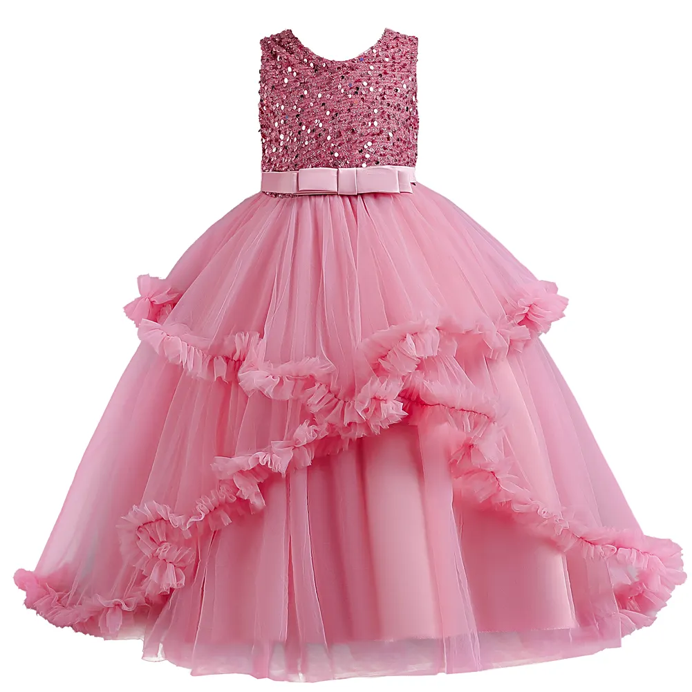 European style layered children princess party dress Shiny girl wedding gown blue flower girls tutu dress of 4-12 years old