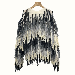 Cardigan Lungo Vintage Fatto a Mano E&L in <span class=keywords><strong>Maglia</strong></span> Larga <span class=keywords><strong>con</strong></span> Decorazione a <span class=keywords><strong>Frange</strong></span> Sfumate in Poliestere per l'Autunno - Product Image 2