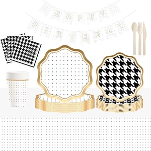 DAMAI Customized Black and White Tableware Set Disposable Luxury Style Stock Gold Wave Edge Paper Plate and Cups Party Supplies - Product Image 2