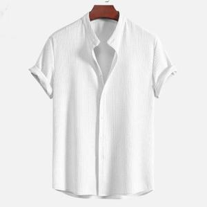 Men Summer Short Sleeve Button Solid Color Cotton <b>Blend</b> Shirts Stand Collar Men's Blouse Top Casual Shirts - Product Image 5